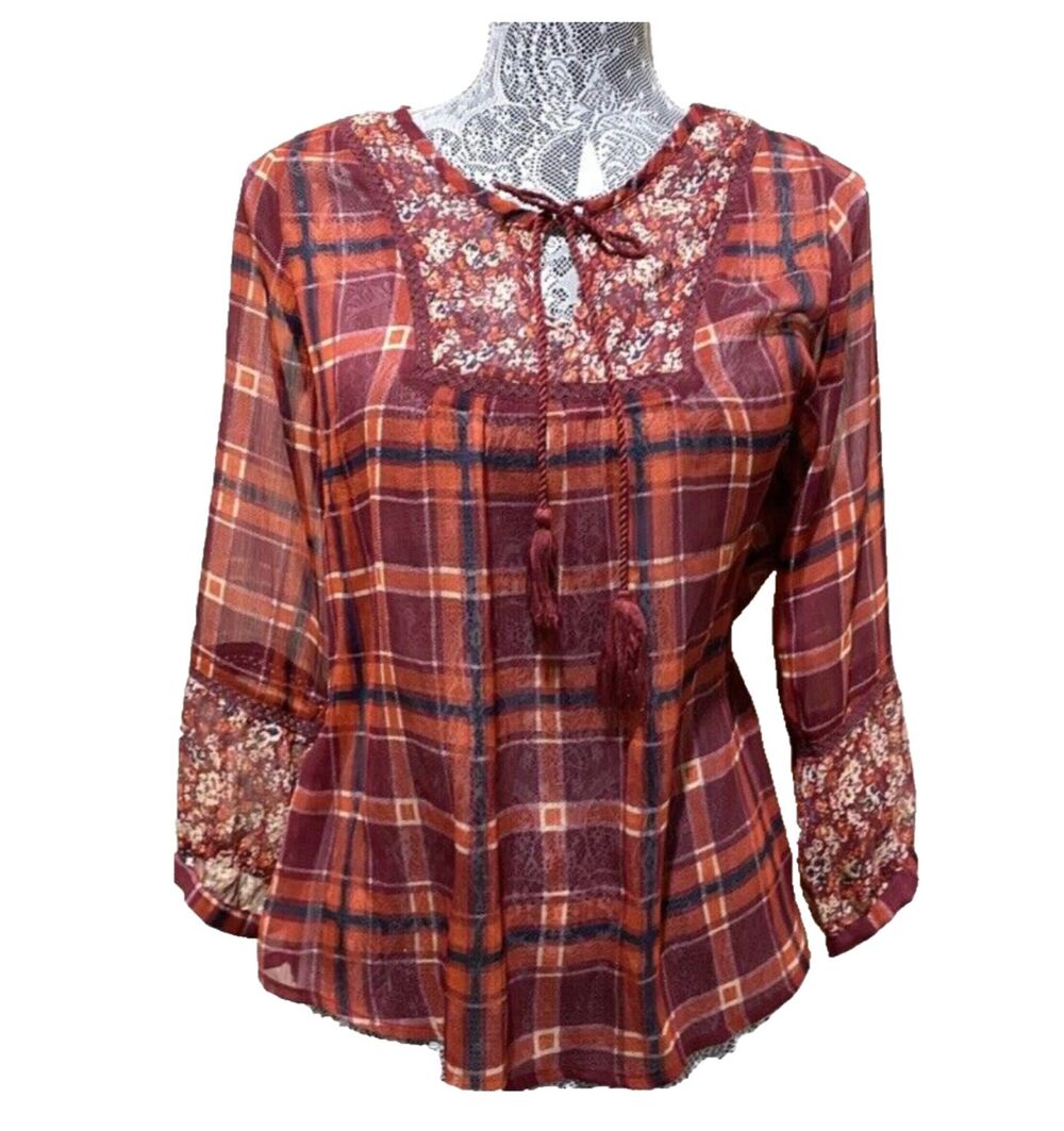 Girl Krazy Plaid Peasant Blouse Red Sheer Shirt Lace Tassel Tie Smock Top Boho
